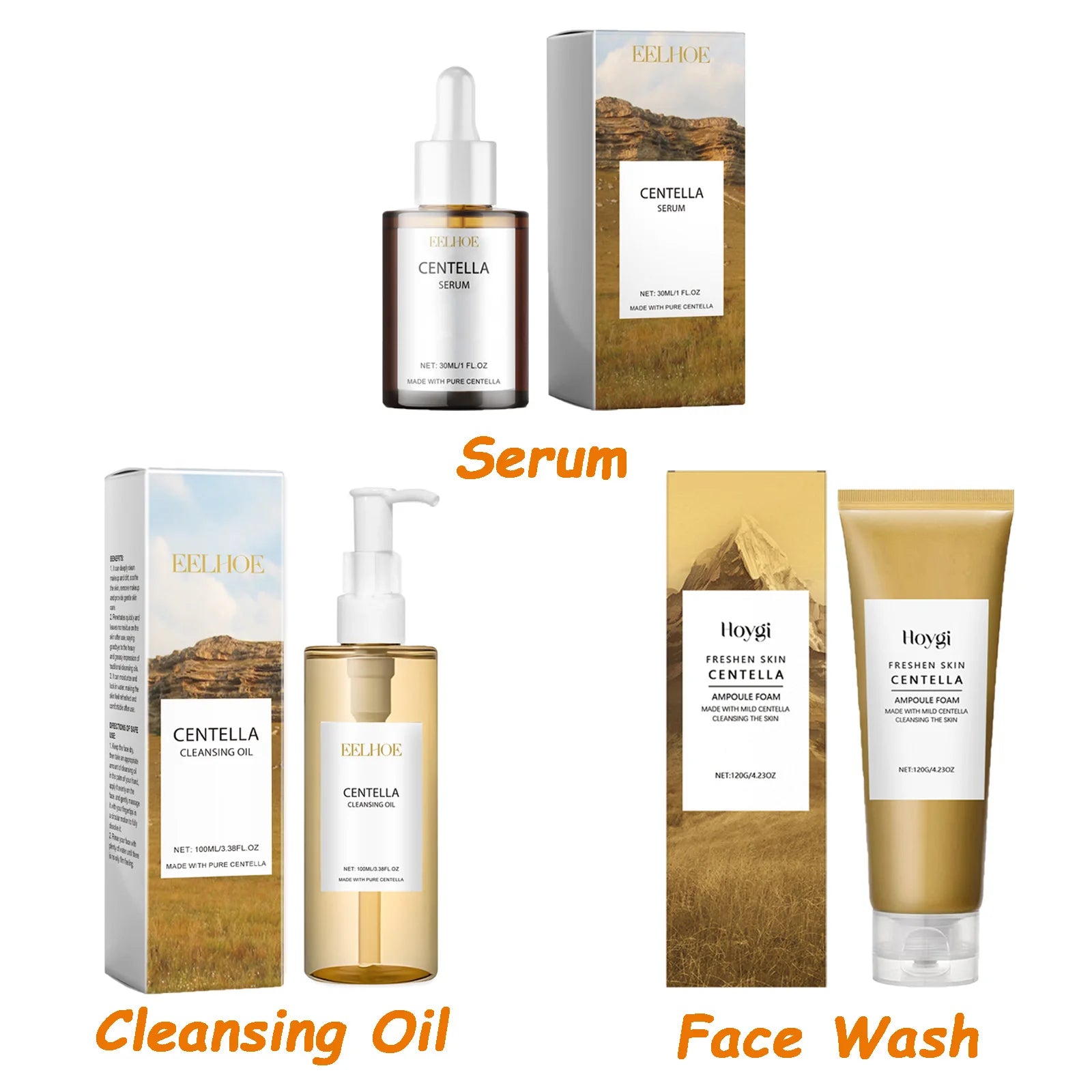 Kit de Skincare Centella – Sérum, Limpador e Óleo Facial.