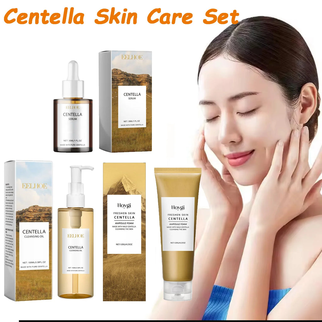 Kit de Skincare Centella – Sérum, Limpador e Óleo Facial.